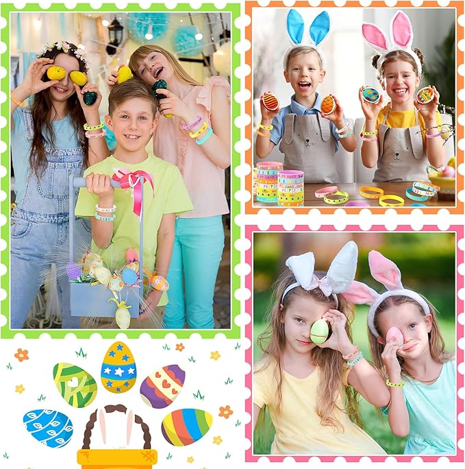 JUNEBRUSHS 24Pcs Easter Party Favors Silicone Bracelets Egg Bunny Rubber Wristbands for Kids Teens Easter Basket Fillers Gift Party Decorations (8 Designs)