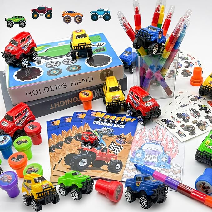 Cinrobiye 72Pcs Monster Truck Coloring Book with Crayons Bulk，Truck Car Party Favors Goodie Bags Fillers，Hot Wheels Birthday Party Supplies Face Stickers Tattoo Prizes Gift for Monster Truck Party