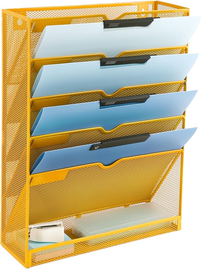 EASEPRES 6 Tier Mesh Hanging Wall File Organizer, Desk Vertical Mail Paper Document Folder Holder Rack with Bottom Tray and Nametag Label for Office Home School, Yellow
