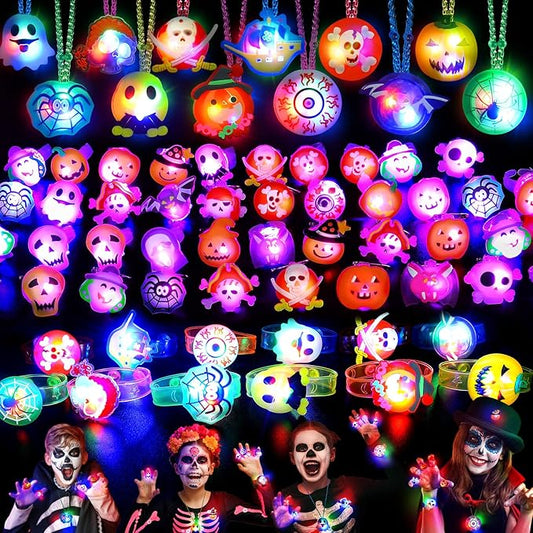 Halloween Party Favors for Kids, 118PCS Halloween Light Up Toys including Necklaces Rings Bracelets Brooches, Glow in the Dark Halloween Toys Bulk, Halloween Goodie Bag Fillers Treats Classroom Favors