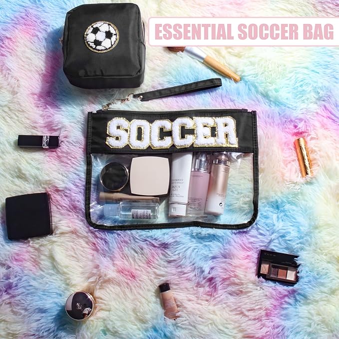 BuyCard 2 Pcs Soccer Gifts Makeup Bag with Chenille Letter Patch, Clear Cosmetic Pouch PVC Organizer Purse, Waterproof Travel Bag, Portable Toiletry Storage Bag for Her Girls Friends Women