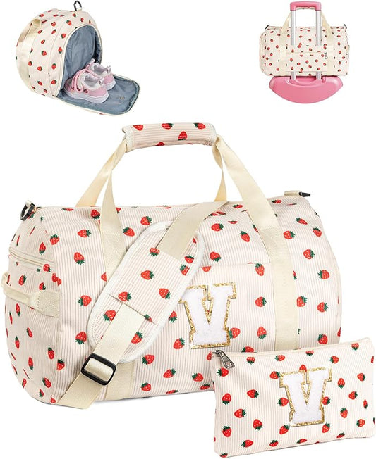 Girl's Fashion Trendy Stuff, Girls Gym Bag, Kids Personalized Weekend Duffel Bags with Shoe Compartment, Initial Travel Tote with Makeup Bag, Gift for Ballet Dance Girl (Letter V)