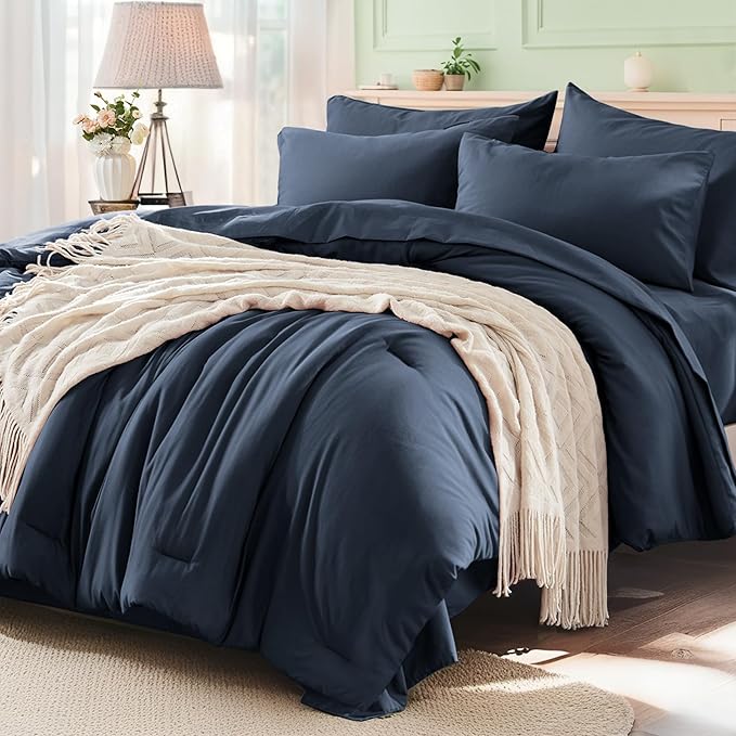 Anluoer Navy Blue Queen Comforter Set 7 Pieces, Bed in a Bag with Sheets, All Season Bedding Sets with 1 Comforter, 2 Pillow Shams, 2 Pillowcases, 1 Flat Sheet, 1 Fitted Sheet