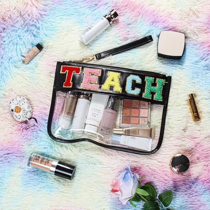 BuyCard Teacher Appreciation Gifts Clear Makeup Bag, Embroidered Chenille Letter Patches Cosmetic Bag, Zipper Pouch PVC Organizer, Portable Waterproof Toiletry Storage Bag for Women, Girls