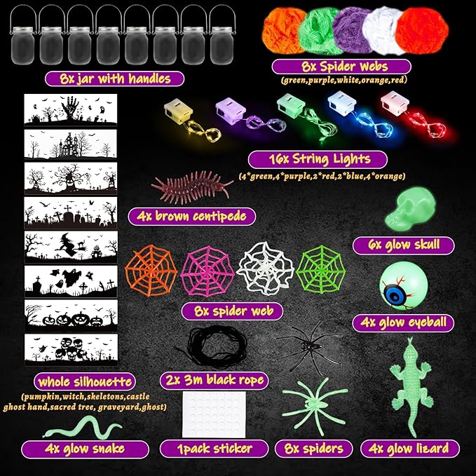 Halloween Crafts for Kids, 8 PCS Halloween Mason Jar with Accessories for DIY Craft, Halloween Art Party Favor Supplies, Halloween Decoration Trick or Treating, Classroom Halloween Art Activities