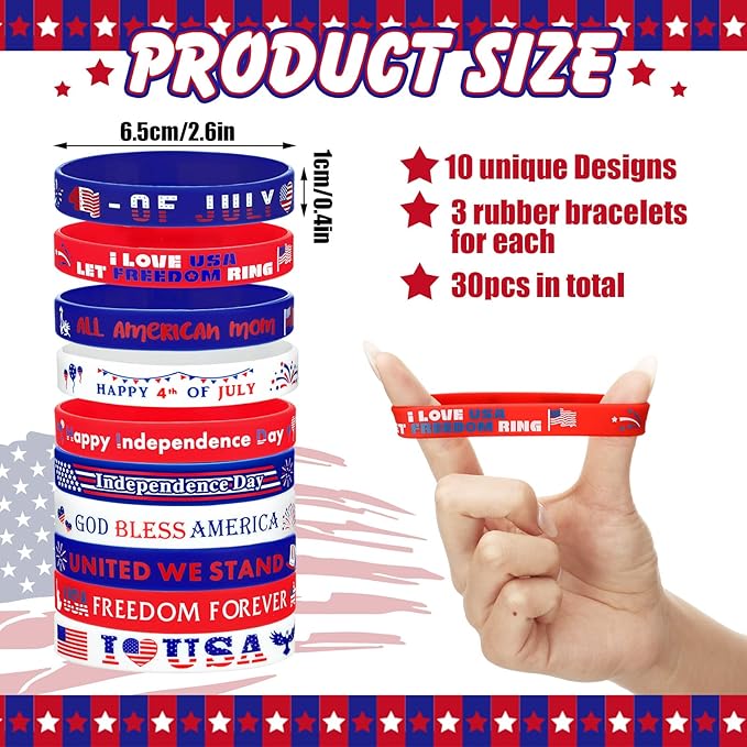 60 Pcs 4th of July Slap Bracelets and Silicone Wristband for Kids American Patriotic Party Favors Supplies Independence Day Decorations Accessories Red White Blue