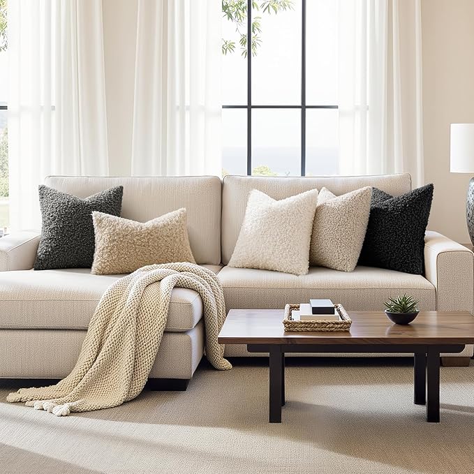 Woaboy Faux Fur Throw Pillow Covers 20x20 Inch Set of 2 Boucle Neutral Decorative Sherpa Fuzzy Accent Soft Sheepskin Fleece Cushions Modern Home Decor for Couch Sofa Bedroom Living Room,Black