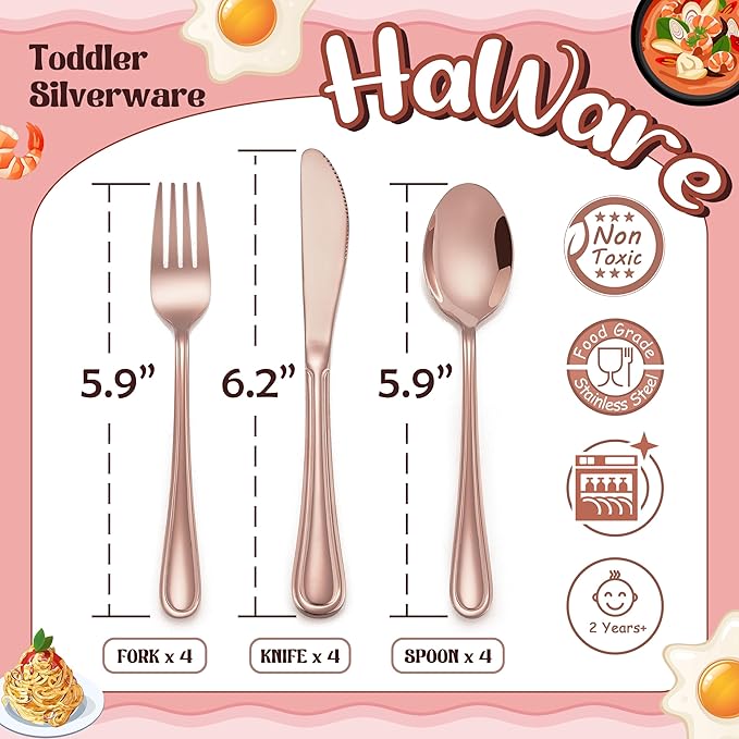 HaWare 12-Piece Kids Silverware, Stainless Steel Toddler Utensils Flatware Set, Preschooler Eating Utensils Includes 4 Spoons 4 Forks 4 Knives, Metal Children Cutlery for Home School, Mirror Finished