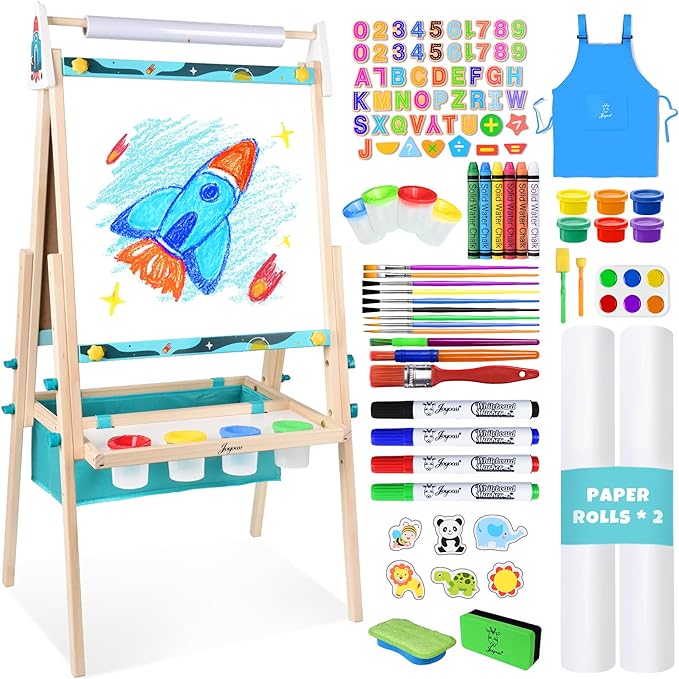 Joyooss Art Easel for Kids, Double Sided Wooden with 98+ Accessories Kids Easel Drawing Board with Magnetic Chalkboard, Dry Erase White Board & Paper Roll Paint Art Easel for Kids Age 2-4 4-8 9-12