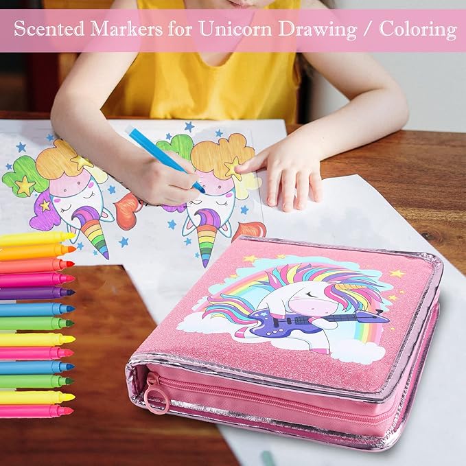 Fruit Scented Markers Set 44 Pcs Filled Stationery with Unicorn Pencil Case,Art Supplies for Kids Ages 4-6-8, Perfect Unicorn Gifts for Girls,Assortment Marker Pencil Gel Pen Coloring