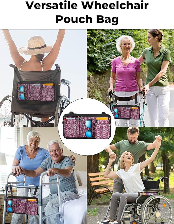 JOYTUTUS Walker Side Bag, Wheelchair Armrest Storage Pouch with Cup Holder, Wheelchair Accessories for Seniors, Walker Bag Cup Holder for Walker, Rollator, Electric Scooter or Wheelchair Red