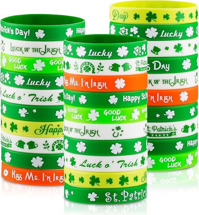 30pcs St. Patrick's Day Rubber Bracelets Silicone Wristbands for St. Patrick's Day Party Favors Supplies Shamrock Rubber Bracelets for kids&teens Gifts Holiday Party Favor Accessories Sets