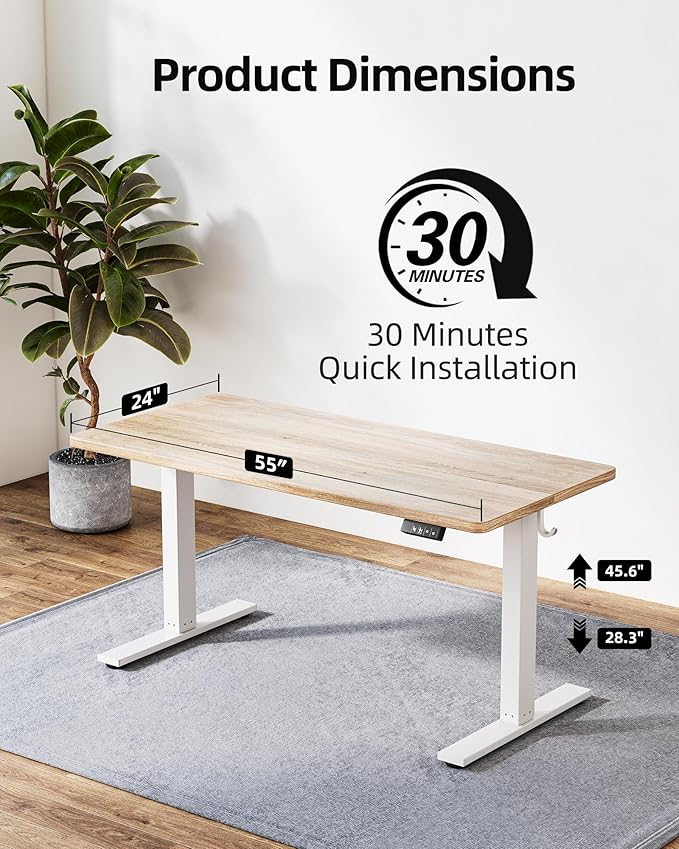 TIQLAB Height Adjustable Electric Standing Desk, 55 x 24 inch, Sit Stand Up Desk, Splice Board, Computer Home Office Desk, White Frame/Maple Top