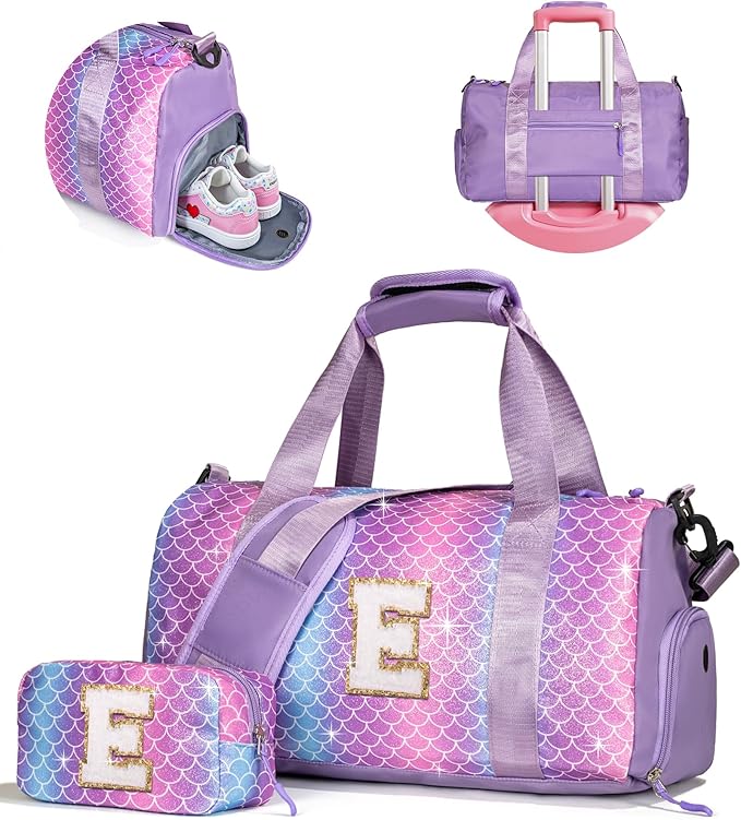 Stuff for Girls-Birthday Gifts for 4 5 6 7 8 9 10 11 12 13 Year Old Girls-Girl Gym Bag with Shoe Compartment, Dance Bags with Makeup Pouch, Preppy Things for Grandkids (Letter E)