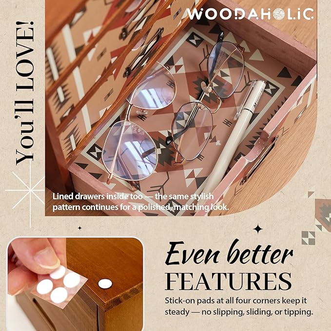 Boho Navajo Wooden Desk Organizer with Drawers – 4-Drawer Desktop Storage Box – Rustic Tribal Wood Desk Organizer for Office, Vanity, or Craft Supplies – Compact & Stylish Wooden Storage Drawers