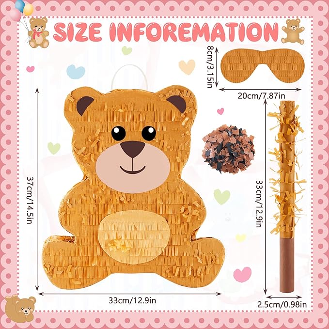Lewtemi 14.5 Inch Bear Piñata Bear Themed Birthday Party Supplies Animal Piñata with Wood Bat Stick, Paper Blindfold and Confetti for Valentine's Day Baby Shower Party Decor Kid Adult Boy Girl
