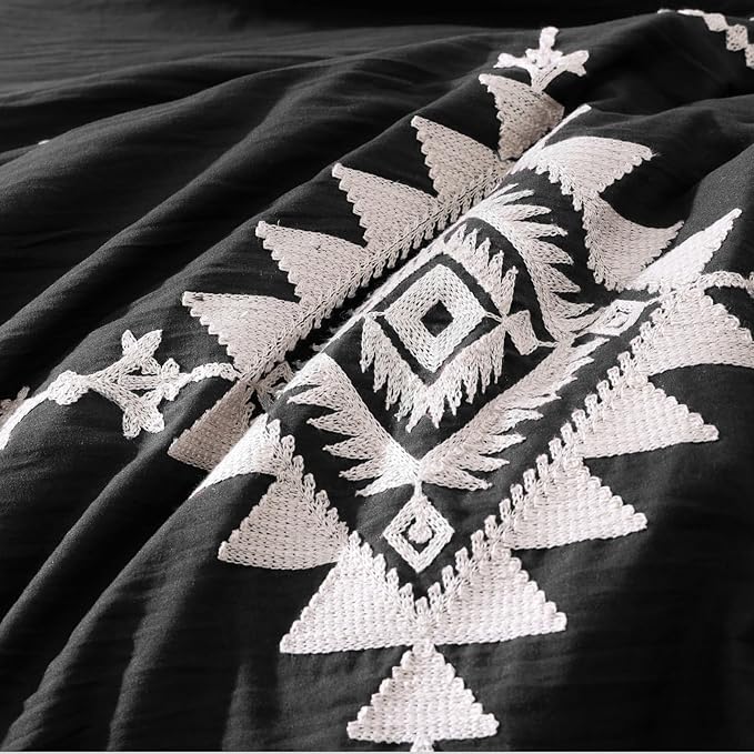 MaiRêve Embroidery Comforter Set, Boho Farmhouse Western Bedding Set, All Season Bed in A Bag Comforter Set with Sheets, Pillowcases & Shams, Black King 7 Pieces