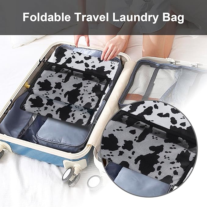 Femuar Laundry Bag Backpack Durable Laundry Bag with Shoulder Straps and Mesh Pockets Portable Laundry Dirty Clothes Hamper Bag for College Dorm (Cow Print)