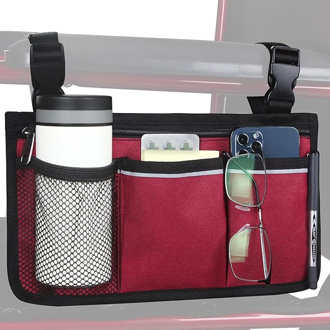 Wheelchair Side Bag, Wheelchair Armrest Storage Pouch with Cup Holder Use of Waterproof Fabric, for Most Wheelchairs, Walkers or Rollators (Red)