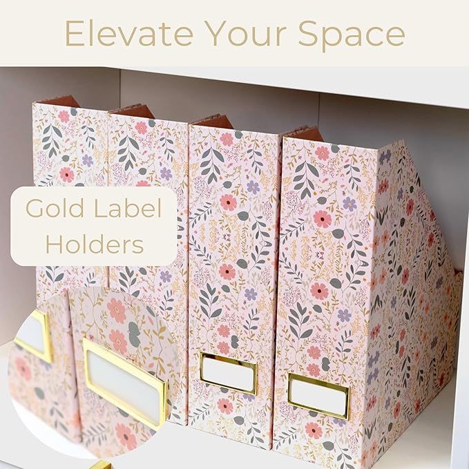 BLU MONACO | Cardboard Magazine File Holder Set of 4 | Standing File Holder with Floral Boho Design | Foldable Cardboard Bins for Shelves Desk Office Storage