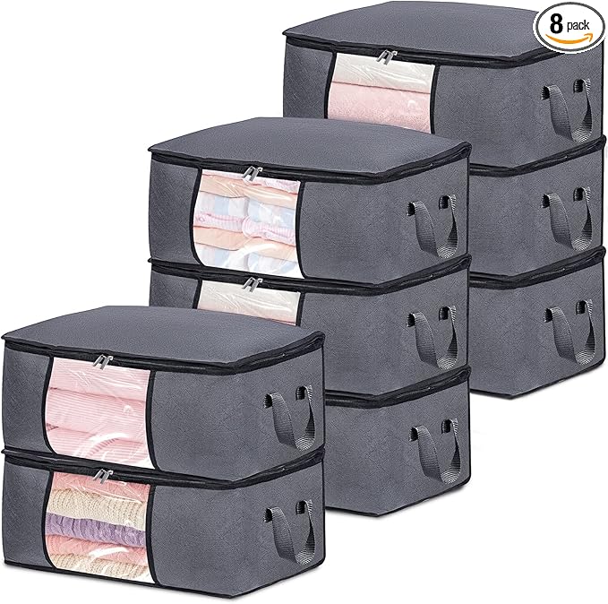 8 Pack Clothes Storage Bags with Zipper, 45L Foldable Blanket Storage Bag with Clear Window Sturdy Handles for Closet, Dorm, Pillows, Bedding, Sheet, Comforter, Gray