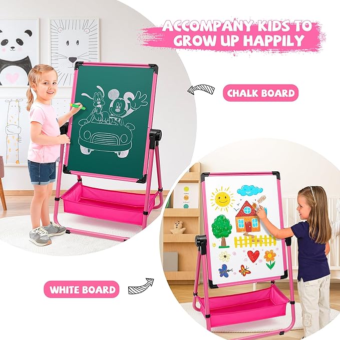 Kids Art Easel Double Sided Iron Easel 29.6inch-44inch Height Adjustable Drawing Board 360° Rotatable Easel Whiteboard & Chalkboard Standing Art Easel for Kids Boys Girls 3+