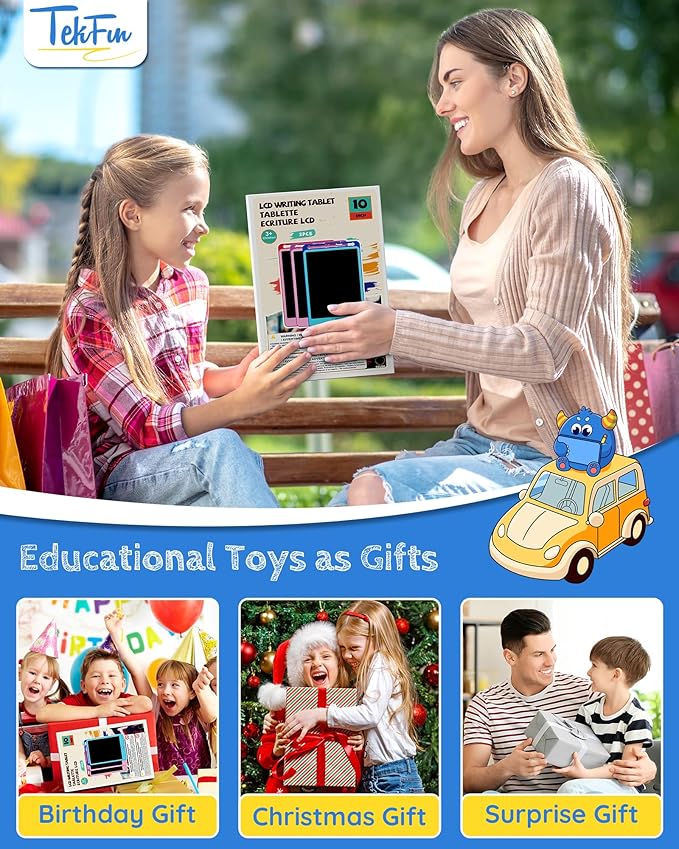 TEKFUN 2 Pack LCD Writing Tablet for Kids, 10 Inch Blue+Pink Doodle Board Drawing Board Reusable Drawing Tablet with Lanyard, Educational Kids Toddler Toys Birthday Gift for Boys Girls 3-12 Years Old