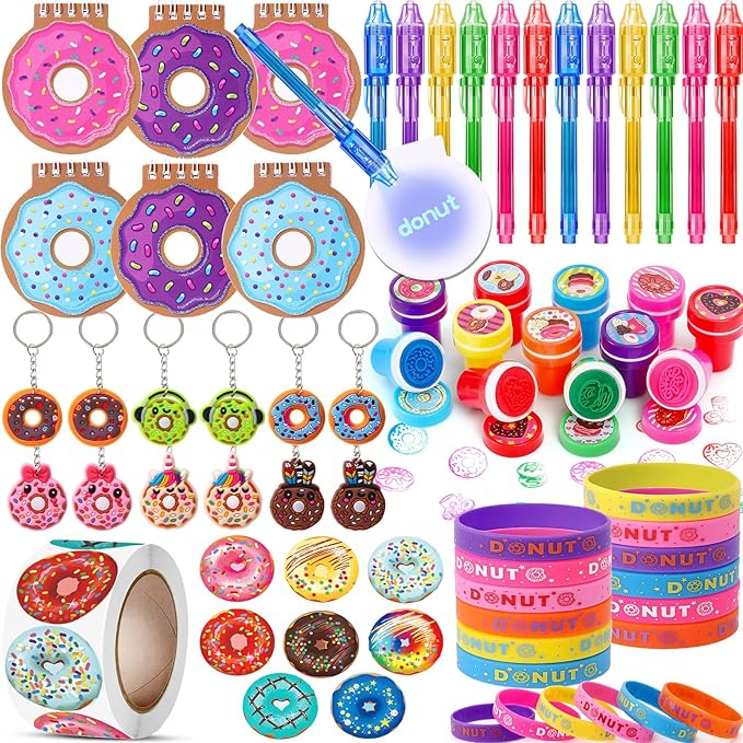 61 Donut Party Favors Two Sweet Birthday Party Supplies Mini Notebook Ink Pen Stamp Silicone Bracelet Keychain Sticker Toy Gift Goodie Bag Stuffer Kid Girl Candyland Party Favors