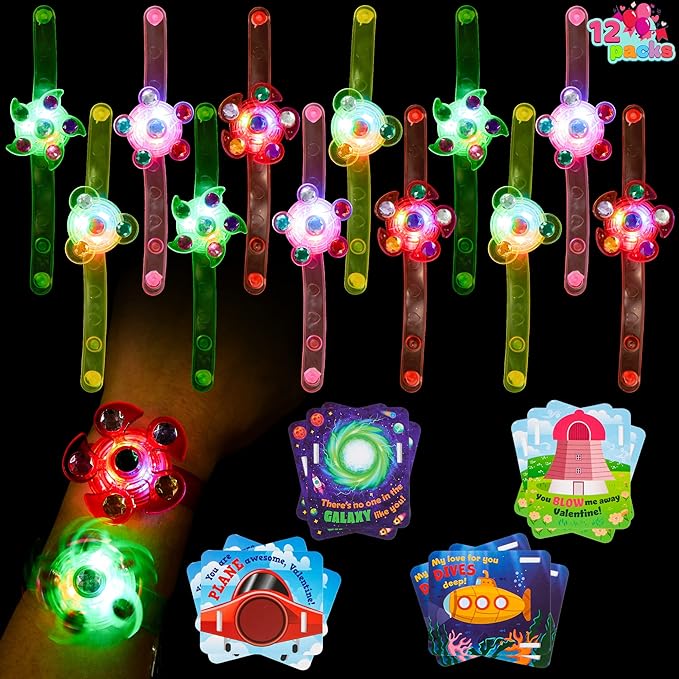 JOYIN 12 Packs Valentine's Day Cards with Light Up Bracelet, Glow in The Dark Party Favors Spinner Glow Bracelets Fidget Toys with Cards for Kids Valentine Party Favors Classroom Exchange Prizes
