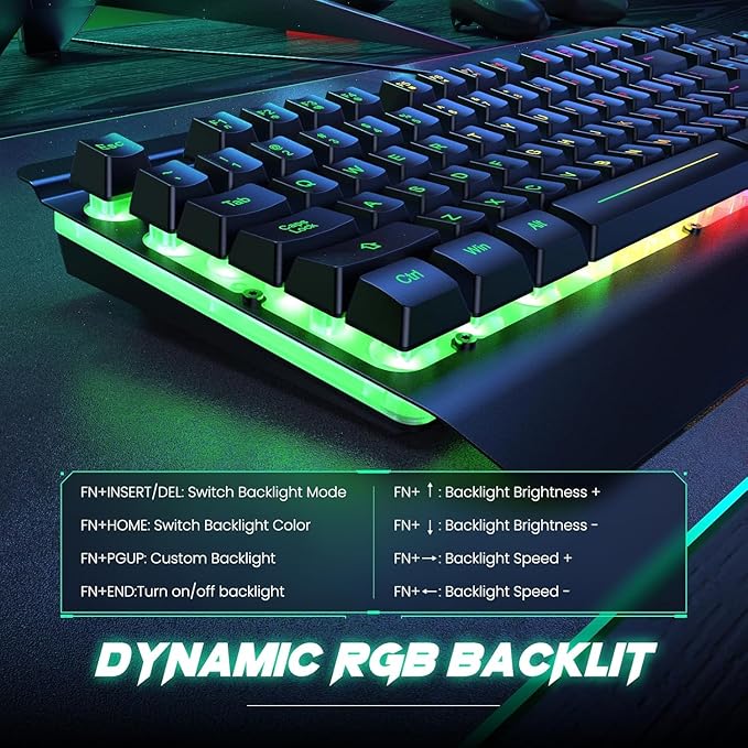RisoPhy PC419 RGB Gaming Keyboard, 7 Single Color Backlits, 104 Keys Metal Panel, Silent Keys, Wrist Rest, Full Size Waterproof Light Up for PC Laptop Mac Gamer