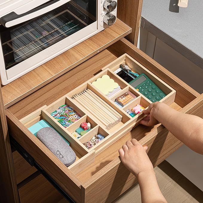 Weysat Sliding Expandable Bamboo Wood Desk Drawer Organizer with 9 Compartments 12"x9" Expandable to 20"x9" Office Desk Organizer Tray Divider Drawer for Office Supplies Makeup Jewelry Vanity