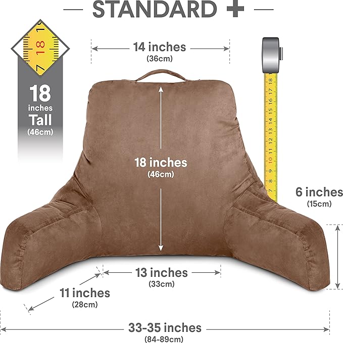 Husband Pillow Aspen Saddle Brown, Reading Pillow Bed Rest Chair, Two-Sided Reversible Fabric, Large Lounge Cushion Adult Backrest with Arms, Comfy Back Support for Sit Sitting Up, Wash/Remove Cover