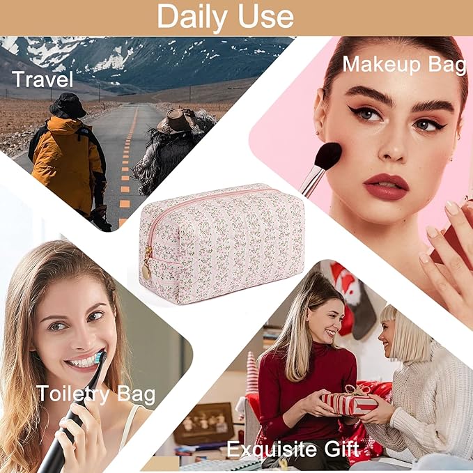 HHQQWZ Makeup Bag Travel Cosmetic Bag for Women Girls, Zipper Make Up Pouch, Floral Flowers Toiletry Organizer Makeup, Portable Storage Cosmetic Travel Cloth Bag (2 Pack (L+S)/Pink Floral)