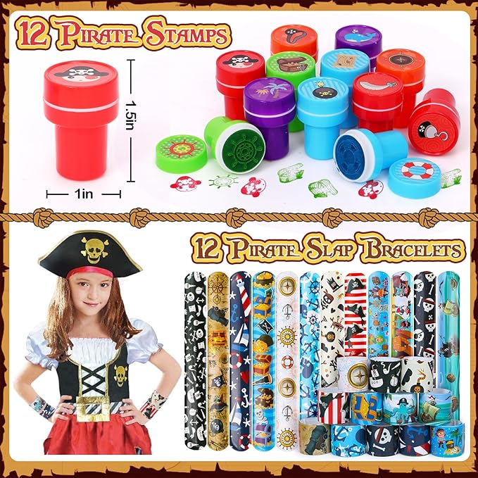 180 Pirate Party Favors Birthday Supplies Straw Gold Coin Gems Sticker Stamp Keychain Slap Bracelet Toy Gift Boy Girl Kid Goodie Bag Stuffer Carnival Prize Decorations Pirate Party Supplies