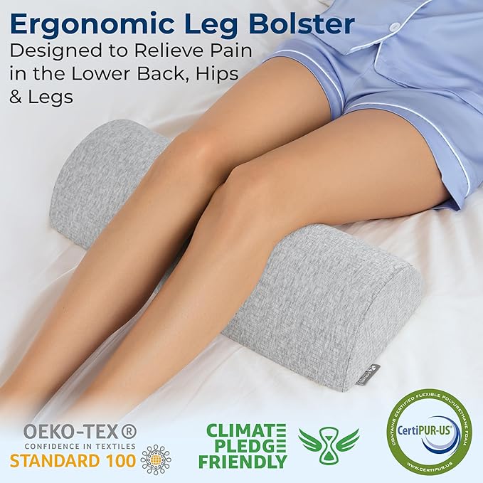 5 STARS UNITED Knee Pillow for Back Sleeping – Memory Foam Cushion for Sciatica Pain Relief – Under Leg Support for Sleeping on Back – Half Moon Bolster for Bed, Gray Cotton Cover