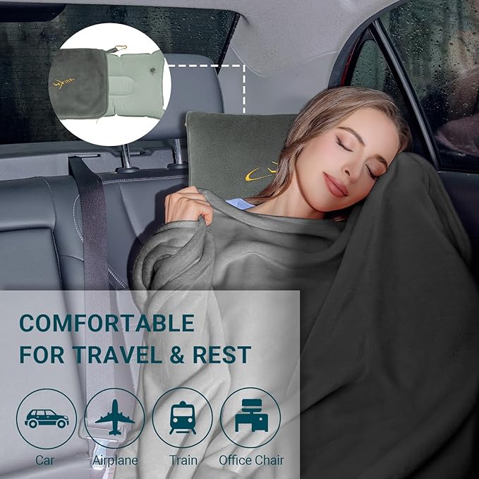 CLEXION Travel Blanket & Pillow Set, 300 GSM Soft Fleece, 60x43 Inches, 3-in-1 Airplane Blanket, Travel Pillow and Blanket Set, Travel Blanket Airplane Compact with Bag, Travel Essentials, Grey