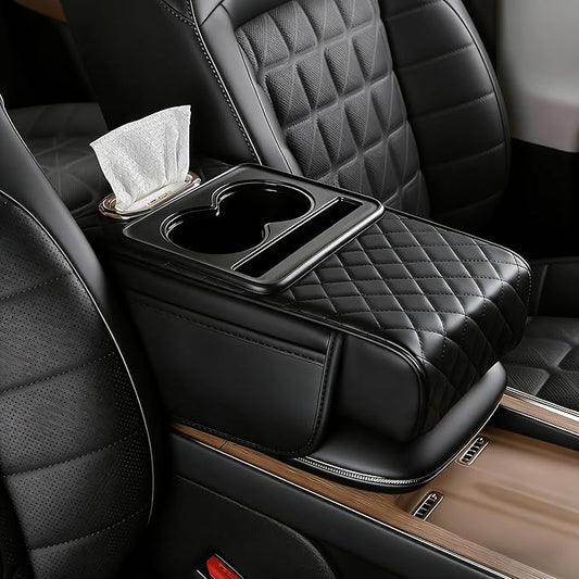 Car Armrest Cushion, Car Center Console Cover, Leather Armrest Cover for Car, Universal Middle Console Cushion with Storage Box, Cup Holder, Phone Slot, Waterproof Interior Accessories (Black)