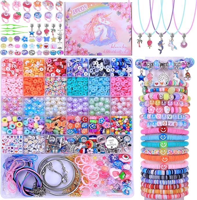 AIPRIDY 3200 Pcs Unicorn Jewelry Activity Kit,Clay Beads Bracelet Making Kit,Flat College Style Beading for Friendship Jewelry Making,Crystal Time Gem Ring Gifts,DIY Crafts for Teen Girls(Pink)