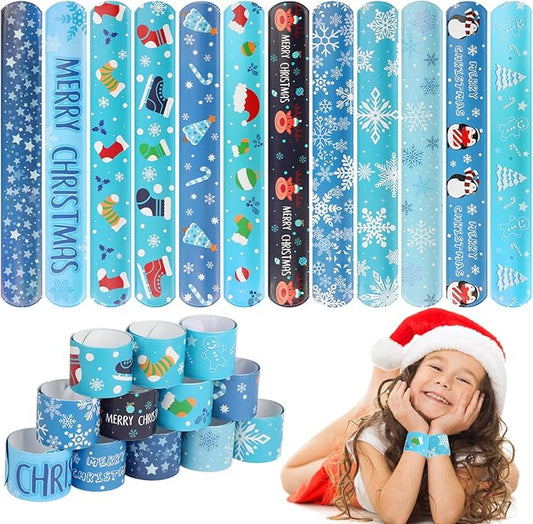 CCINEE 48Pcs Christmas Slap Bracelets，Xmas Snowflake Slap Wristbands Assorted Christmas Theme Pattern Snap Wristbands for Kids Christmas Frozen Party Favors Gift Bag Filler