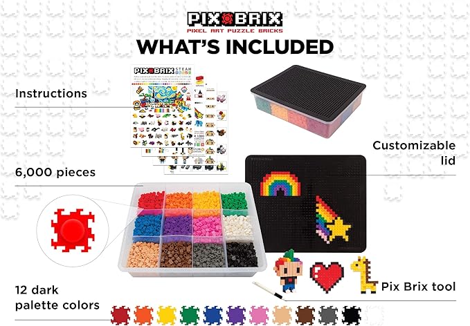 Pix Brix Pixel Art Puzzle Bricks – 6,000 Piece Pixel Art Container, 12 Color Dark Palette – Interlocking Building Bricks, Create 2D and 3D Builds Without Water or Glue – Stem Toys, Ages 6 Plus
