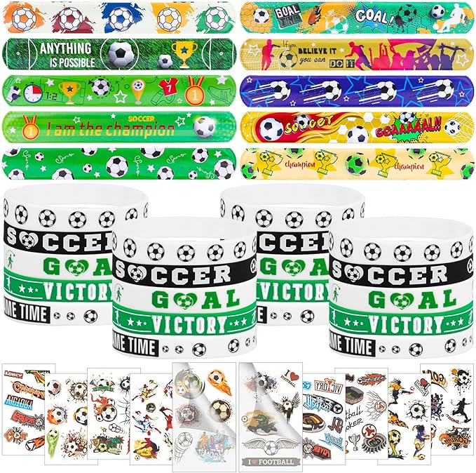 60PCs Soccer Party Favor Soccer Silicone Bracelet Soccer Slap Bracelet Tattoos for Sports Themed Birthday Party Decor Goodie Bag Fillers(Soccer)