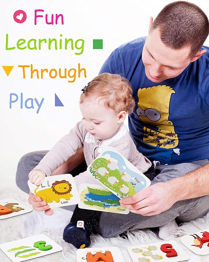 Gojmzo Number and Alphabet Flash Cards for Toddlers 3-5 Years, ABC Montessori Educational Toys Gifts for 3 4 5 Year Old Preschool Learning Activities, Wooden Letters Animal Flashcards Puzzle Game