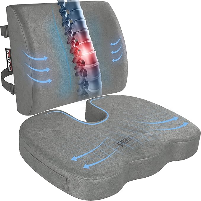 FORTEM Seat Cushion, Office Chair Cushion, Lumbar Support Pillow for Office Chair, Memory Foam Sciatica Coccyx Tailbone Pressure Pain Relief, Car Sitting Pad, Washable Non Slip