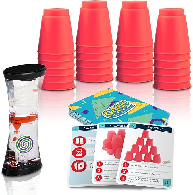 Gamie Stacking Cups Game with 18 Fun Challenges and Water Timer, 24 Stacking Cups, Sturdy Plastic, Classic Family Game, Idea for Boys and Girls Ages 3+ Olds, Tons of Fun
