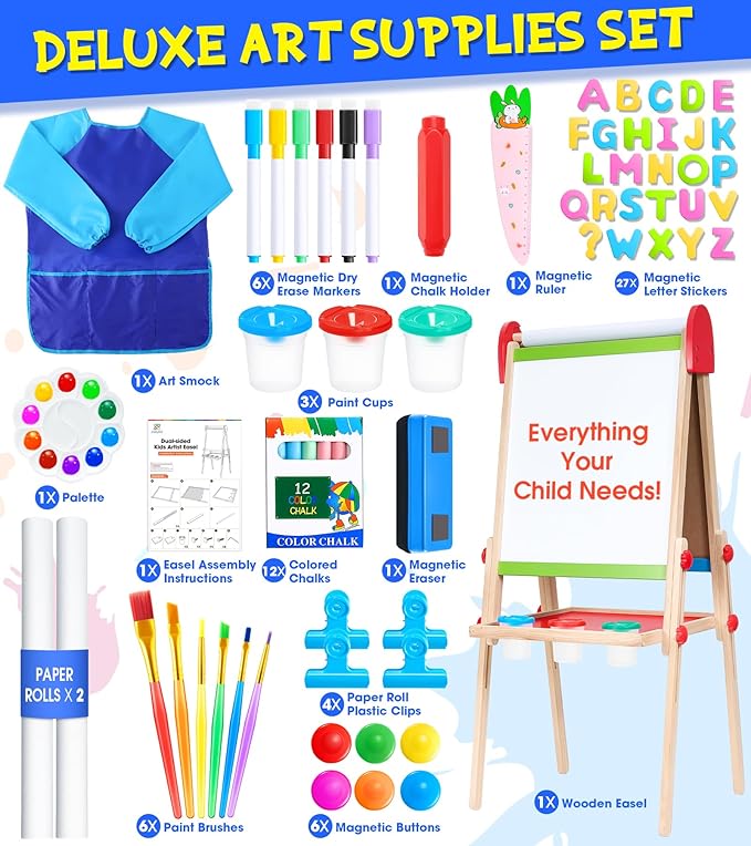 Art Easel for Kids, 3 in 1 Adjustable Double Sided Kids Easel with Magnetic Whiteboard, Chalkboard, 2 Paper Rolls and Accessories, All in One Wooden Toddler Easel, Art Easel for Kids Ages 2-4 4-8 8-12