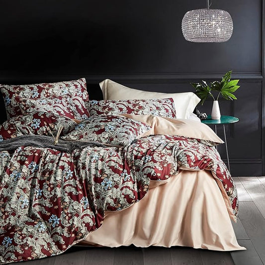 Red Floral Duvet Cover Set,5 PCS Colorful Blossom Print Comforter Covers Set,Queen Duvet Cover,Soft Bedding Set,Reversible Design(Summer,Queen)