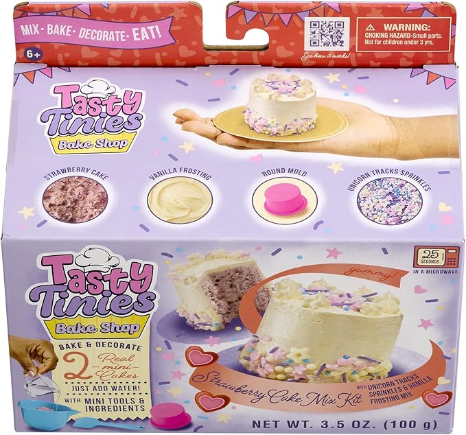 Goliath Tasty Tinies Bake Shop Strawberry Cake Mix Kit with Unicorn Tracks Sprinkles & Vanilla Frosting Mix | Bake & Decorate 2 Real Mini Cakes | Includes Mini Tools & Ingredients | Ages 6+