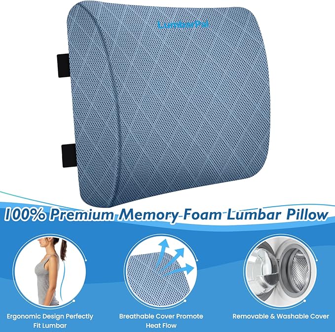 Lumbar Support Pillow for Office Chair Back Support Lumbar Pillow for Car, Gaming, Office Chair - Improve Sitting Posture & Back Pain Relief, Memory Foam, Adjustable Straps, Light Blue