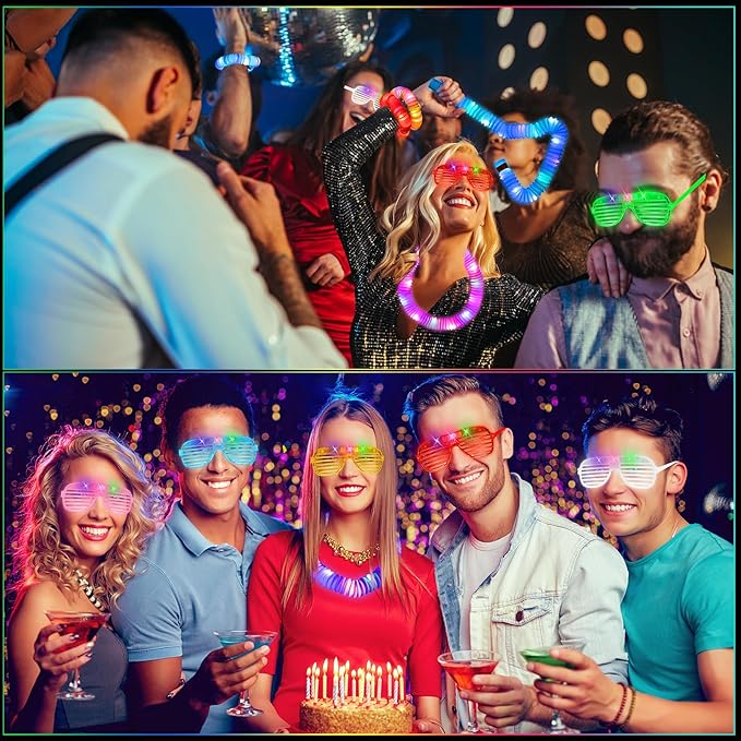76 Pcs Glow Sticks Light Up Pop Tubes &LED Glasses Party Favors, Glow Bracelets Necklaces Camping Toys, Rave Neon Flashing Glasses for Birthday Return Gift Goodie Bag Christmas Stuffer School Prizes