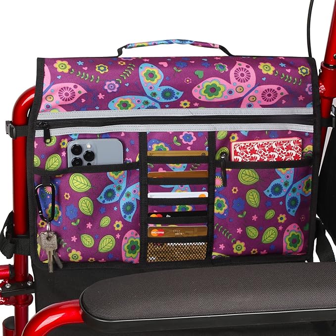 Wheelchair Storage Bag, Double-Sided Armrest Pouch with Cup Holder and Reflective Strip, for Wheelchairs and Walkers (Purple Butterfly)